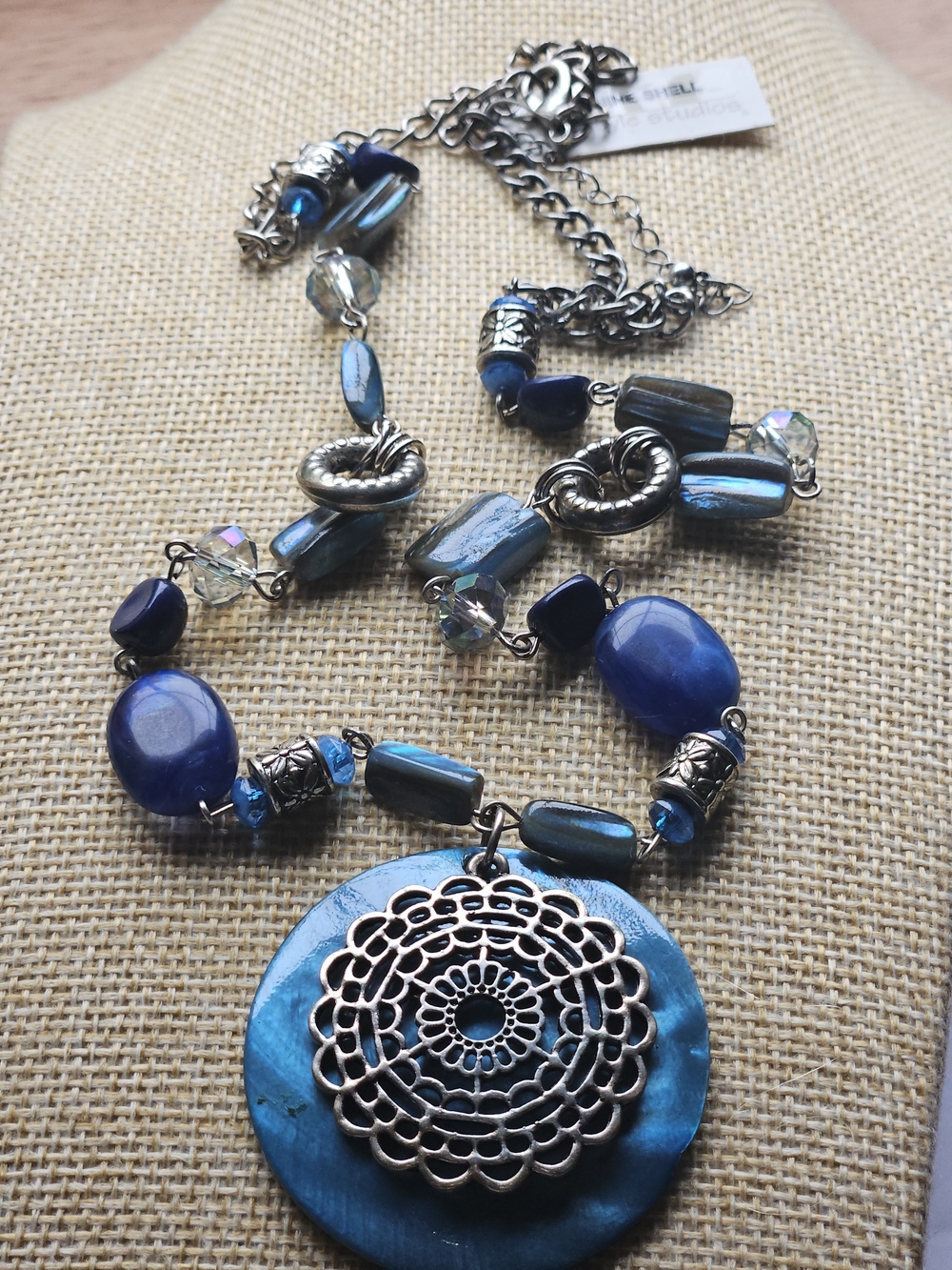 NWT Blue Filigree Shell Pendant Necklace - Women Jewelry NOS